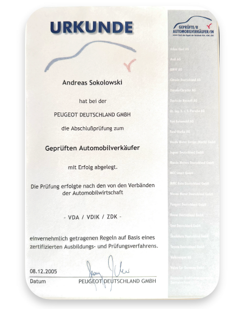 Automobilverkäufer Zertifikat